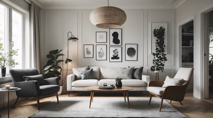 Fototapeta premium Contemporary Scandinavian living room with neutral gray couch and minimalist touches creating a stylish yet practical home space Modern Interior Design Inspiration