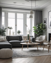 Contemporary Scandinavian living room with neutral gray couch clean design and minimalist decor for a timeless inviting space Modern Interior Design Inspiration