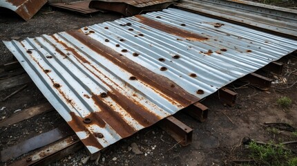 Fototapeta premium Rusty corrugated metal sheets lying on the ground in a scrapyard showing weathered textures and industrial elements Copy Space