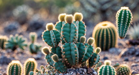 Desert landscape with various types of cacti illuminated by sunlight showing detailed textures and colors with Copy Space