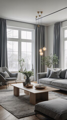 Fototapeta premium Cozy and bright Scandinavian living room with neutral gray couch minimalist furniture and modern decor to create a welcoming home Modern Interior Design Inspiration