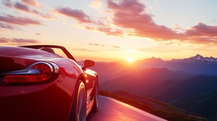 Red Convertible Car at Sunset Mountain View Scenic Drive
