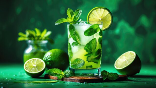 Refreshing mojito cocktail with mint and lime surrounded by fresh limes on green background with copy space