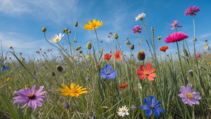 Colorful wildflowers in a lush green field under a clear blue sky with ample Copy Space for text placements