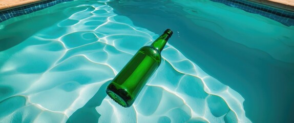 Green glass bottle floating in swimming pool water with reflections and ripples under natural light. Copy Space