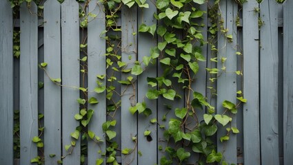 Green Ivy Climbing on Weathered Blue Wooden Fence with Copy Space for Text