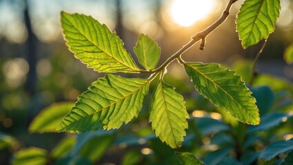 Sunlit green leaves with detailed texture in a natural setting during golden hour with blurred background and copy space