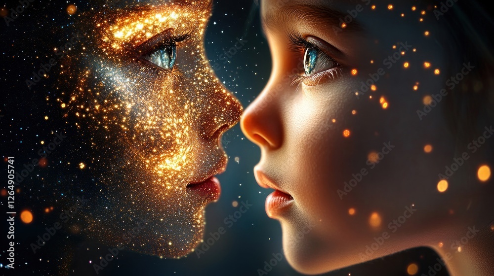 Poster ethereal connection between child and cosmic representation with sparkles and glowing effects