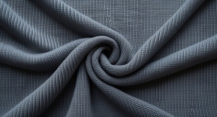 Gray textured fabric with intricate weave pattern folded in a spiral arrangement on a flat surface Copy Space