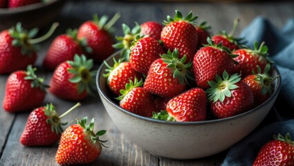 Freshly harvested strawberries in a ceramic bowl on a wooden table with scattered berries, natural lighting, Copy Space