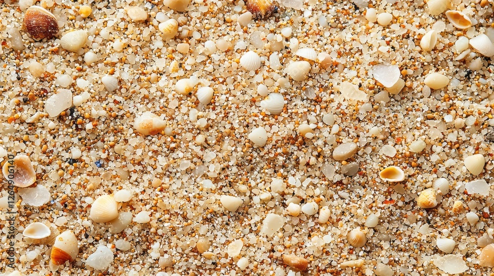 Poster a vibrant landscape of tiny sand grains glistens in warm sunlight, showcasing an array of small shel