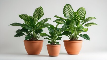 Group of three potted indoor plants with decorative leaves in terracotta pots on a neutral background with Copy Space