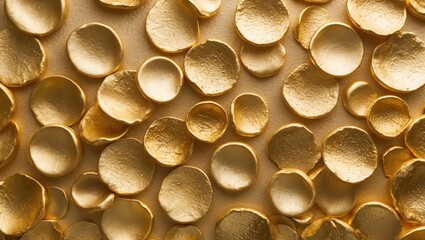 Close-up of shiny golden coin-like discs on a textured background with soft lighting and shadows...