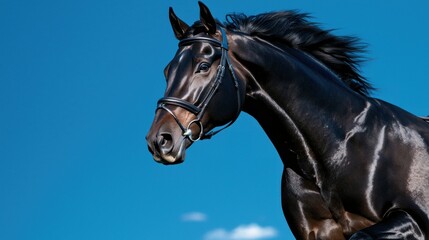 Fototapeta premium Majestic Black Horse Galloping Against Clear Blue Sky with Flowing Mane and Strong Presence