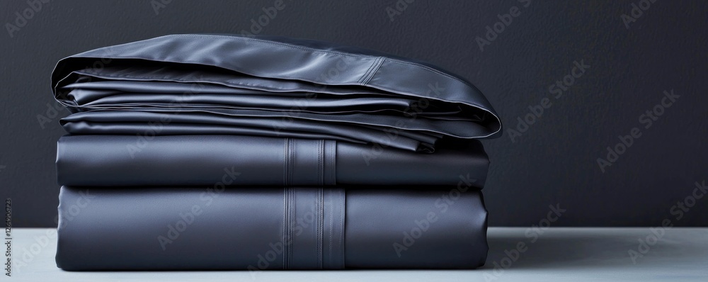 Poster elegant stack of smooth, dark, luxurious fabric textiles on a minimalist background for modern inter