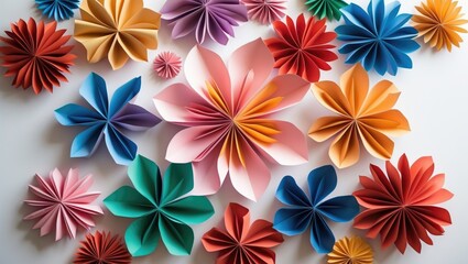 Colorful paper flowers arranged on a white background with various shapes and sizes featuring vibrant colors and patterns Copy Space