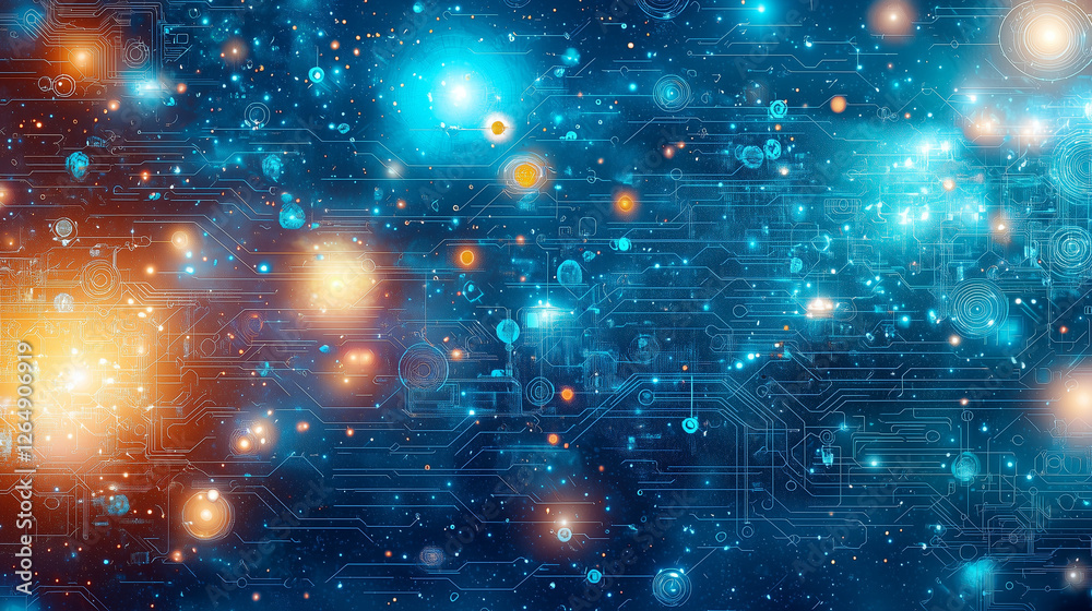 Poster a cosmic abstract depicting a digital universe. bright nodes and connections form a complex network,