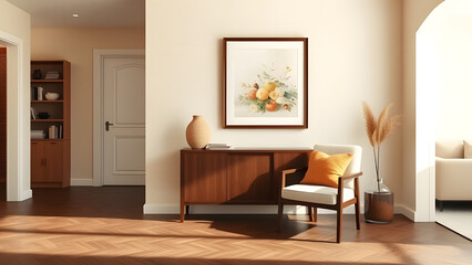 This interior room showcases luxury home design with a wood table and chairs in the dining area
