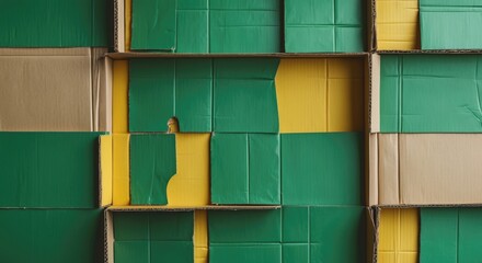Colorful cardboard boxes stacked background in green and yellow with a textured surface and cut-out sections for copy space.