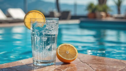 Fresh lemonade glass with lemon slice next to it on marble surface by swimming pool water during sunny day Copy Space