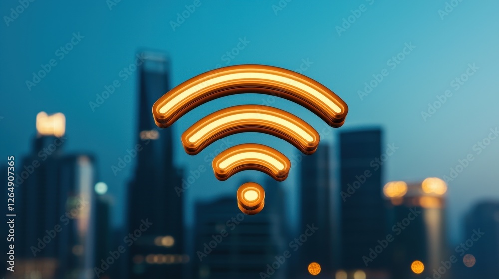 Poster urban skyline with glowing wi-fi symbol overlaying modern buildings at twilight creating a digital a