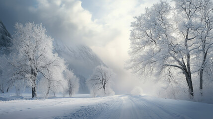 Obraz premium Enchanting winter scene with snow-covered trees, winding path, soft light, serene atmosphere, copy space.