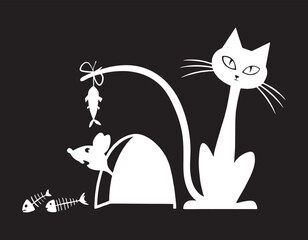 White Cat Strategy to catch afraid Mouse with Fish Decorative Black Background Room funny actions beautiful vector artwork vinyl laser cut vector poster acrylic t-shirt poster interior logo editable