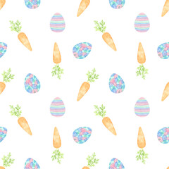 carrot, Easter eggs. Seamless watercolor pattern in pastel colors. Cute spring illustration for Easter