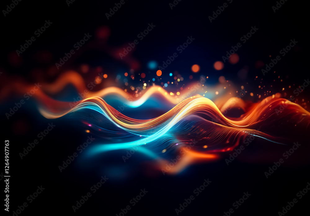 Leinwandbilder Abstract waves of vibrant orange and blue light gracefully flow across a dark backdrop, creating a visually striking and dynamic scene of energy.
