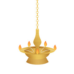 Traditional Kerala Hanging Brass Lamp (Thooku Vilakku) with lit flames isolated on transparent background, png image. It used for vishu, onam and other indian festivals © Ammu