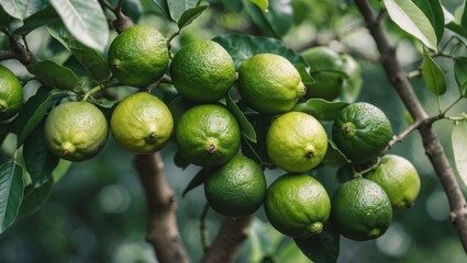 Fresh green limes growing on a branch of a lime tree in a natural setting with blurred background and leaves  Copy Space