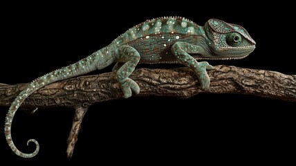 Naklejka premium Photorealistic image of a chameleon on a branch with vibrant colors and detailed scales, blending into its surroundings 