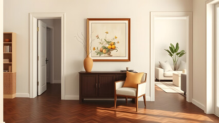 This interior room showcases luxury home design with a wood table and chairs in the dining area