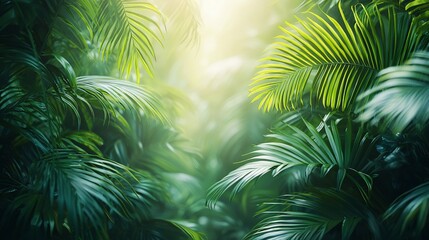Lush tropical jungle foliage, sunlight filtering through leaves, background blur, ideal for nature website