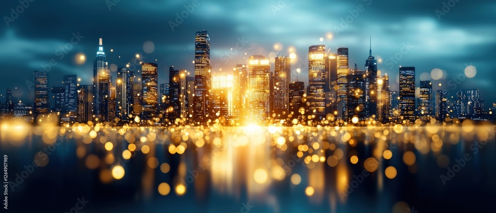 Poster vibrant night cityscape illuminated by reflections and bokeh lights in urban setting