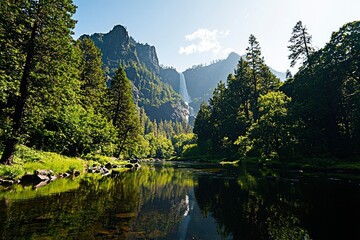 Fototapeta premium Yosemite Valley river reflects trees and mountains with waterfalls, scenic use