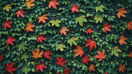 Colorful autumn leaves on green vines creating a textured natural background with copy space.