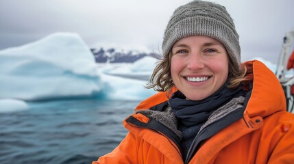 Smiling Woman Explorer in Arctic Landscape
