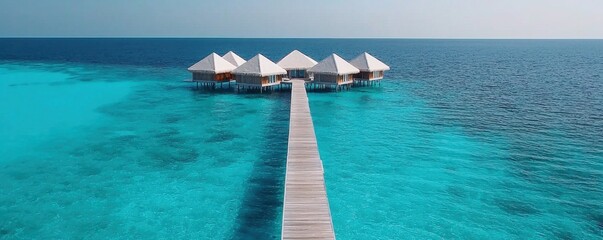 Obraz premium Luxurious overwater bungalow retreat nestled in the turquoise waters of the Maldives offering a peaceful and tranquil vacation destination for travelers seeking an idyllic island escape