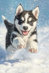 Naklejka premium Siberian Husky puppy jumping and running in the snow in a winter field, Generative AI,