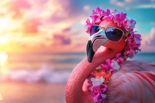 whimsical flamingo portrait wearing sunglasses and lei, lounging on tropical beach with pastel sunset, retro summer vibes