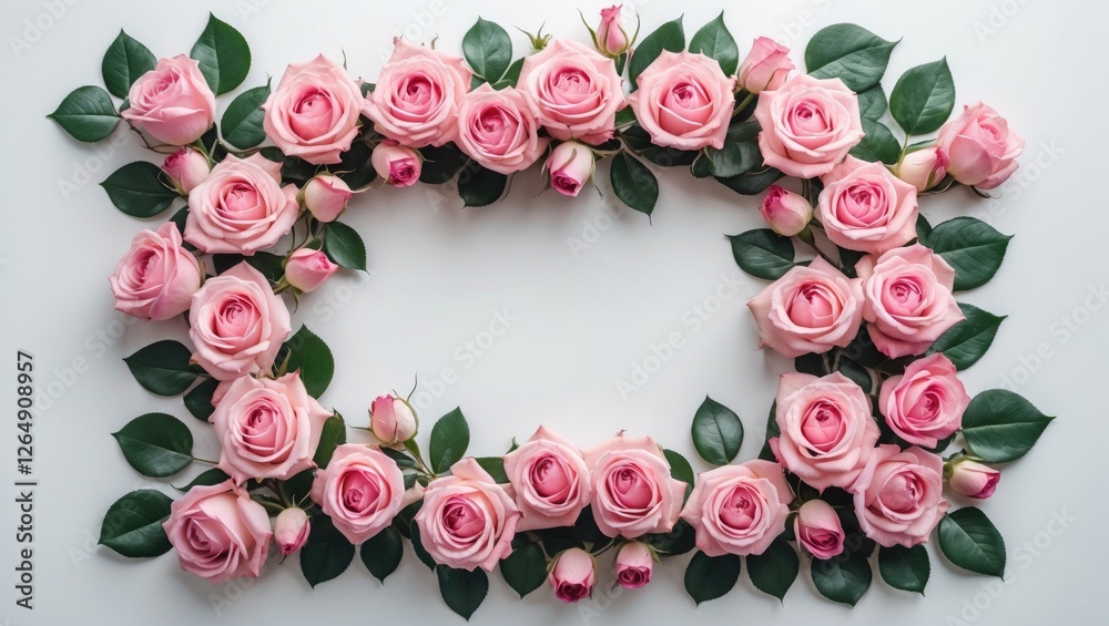 Poster pink roses and green leaves arranged in a rectangular frame on a white background with ample copy sp