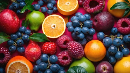 Colorful assortment of fresh fruits including apples, berries, oranges, and grapes on a vibrant background with Copy Space