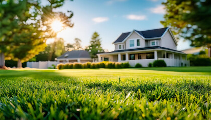 Green grass, fresh lawn with blurred house on background. Residential area. Backyard landscaping