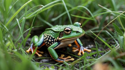 Obraz premium Close-up of a vibrant green frog with distinctive markings resting on a rock surrounded by lush green grass Copy Space