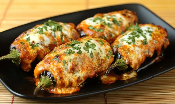 Delicious chiles rellenos with cheese and tomato sauce served on black plate