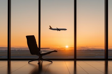 Fototapeta premium Serene view of an airport runway from inside a modern terminal with an airplane silhouetted against the vibrant orange and pink sunset sky This calm