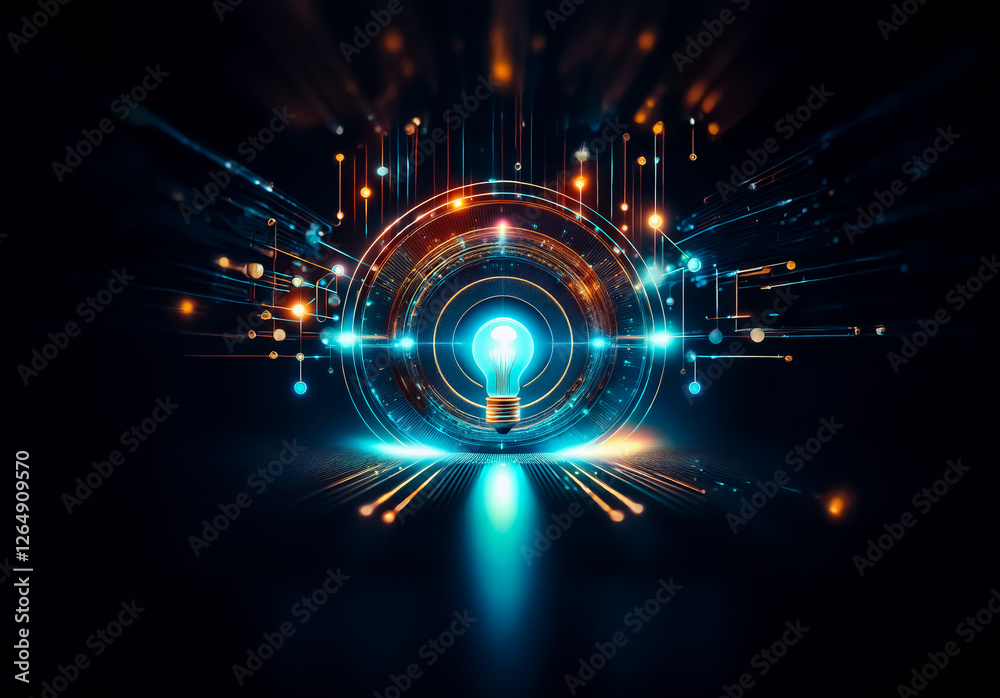 Fototapete a bright light bulb radiates energy, illuminating a circular technological grid in the dark. glowing