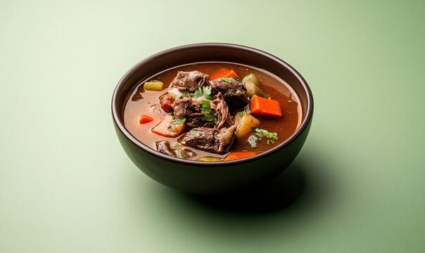 Rich mondongo soup served in a dark bowl against a muted green backdrop