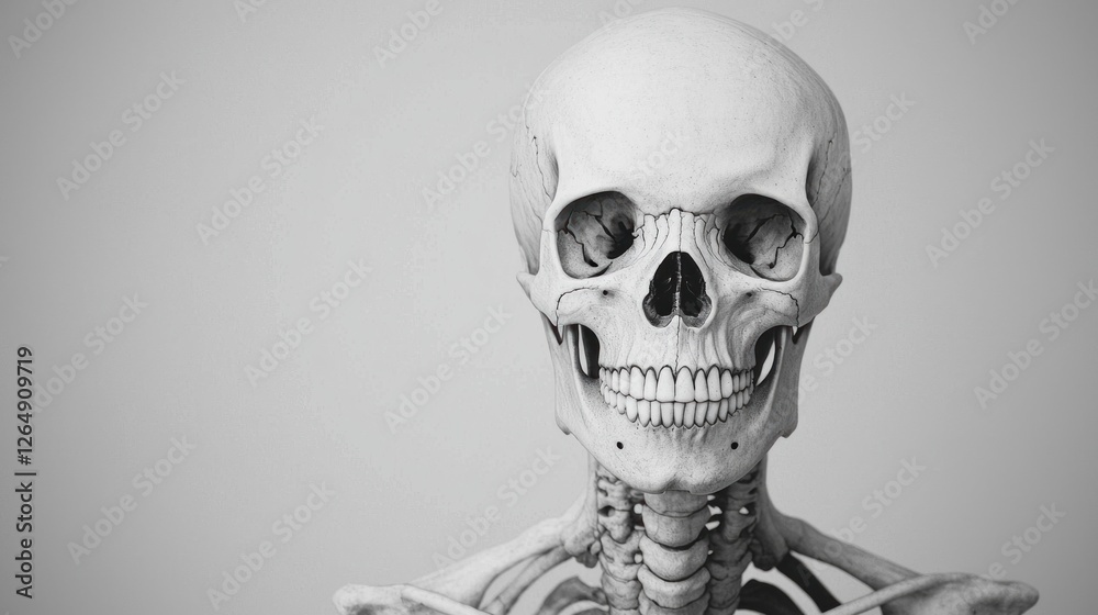 Poster realistic human skeleton model with detailed skull and anatomical features for educational use and i